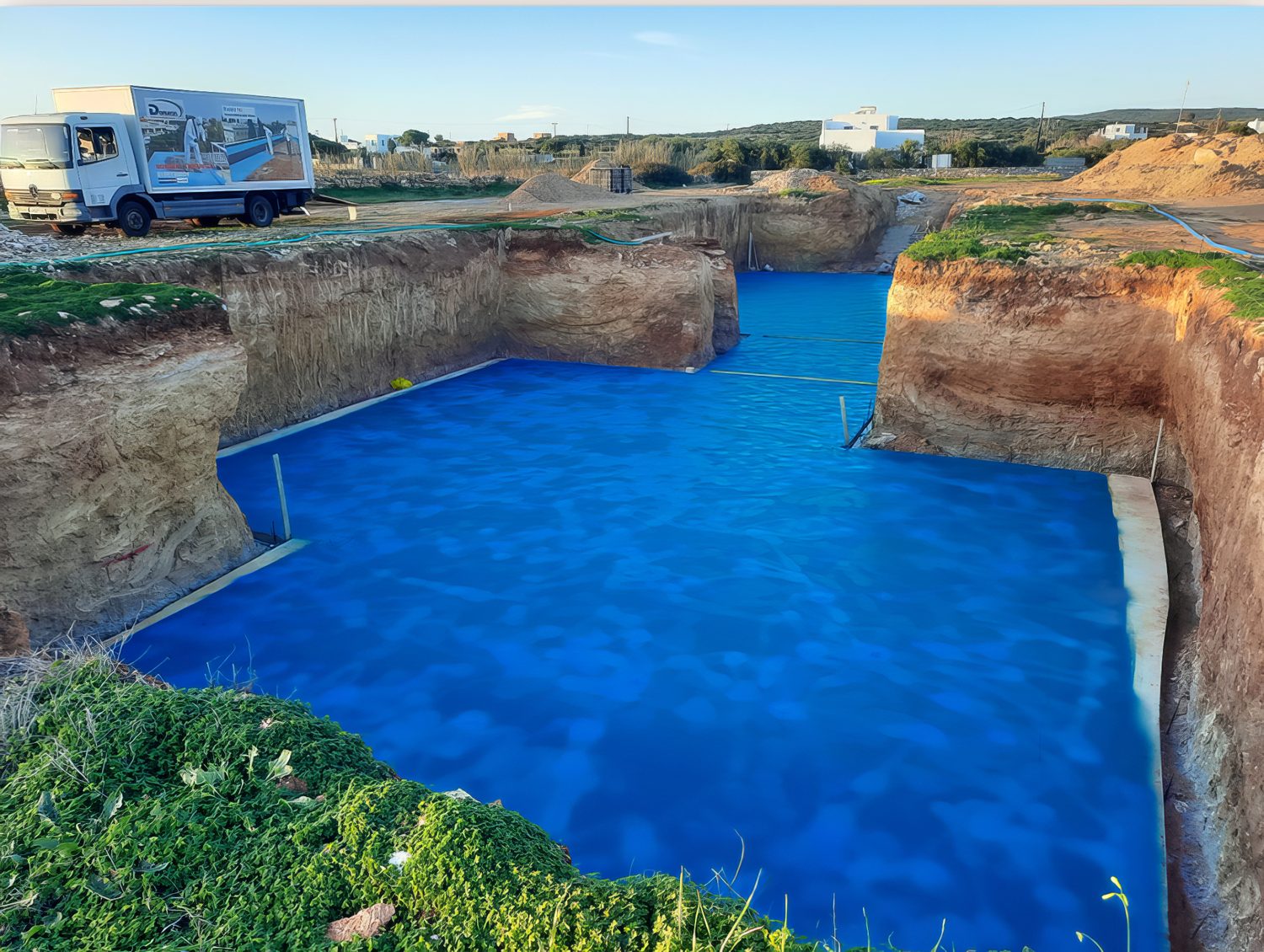 Impermeabilización azul de un depósito de agua
